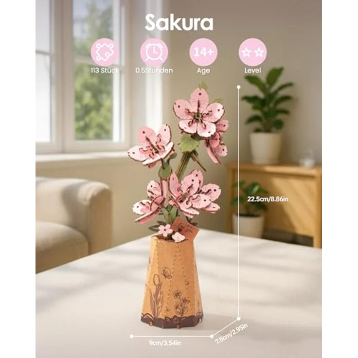 ROBOTIME 3D Holz Blumen Puzzle Sakura, DIY Bastelset für Erwachsene mit verstellbarem Stiel, künstliche ewige Blüten für Valentinstag, Muttertag und Weihnachten – Bild 2
