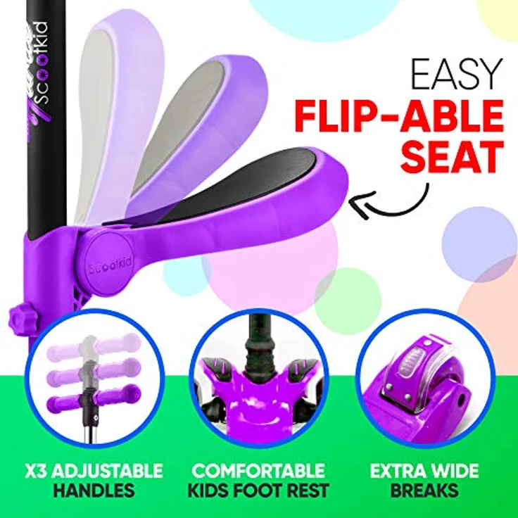Hurtle ScootKid, Kinderscooter mit klappbarem und abnehmbarem Sitz, großen Rädern, LED-Lichtern, verstellbarem Lenker für Kinder bis 60 kg – Bild 5
