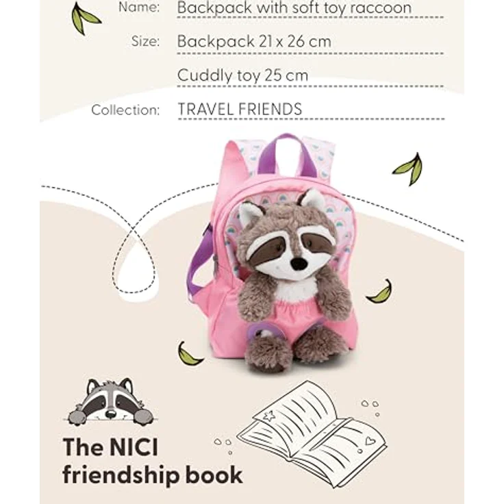 NICI Kinderrucksack rosa 2 in 1 mit Kuscheltier Waschbär 25cm - Weicher Rückenbereich & verstellbare Gurte – Bild 5