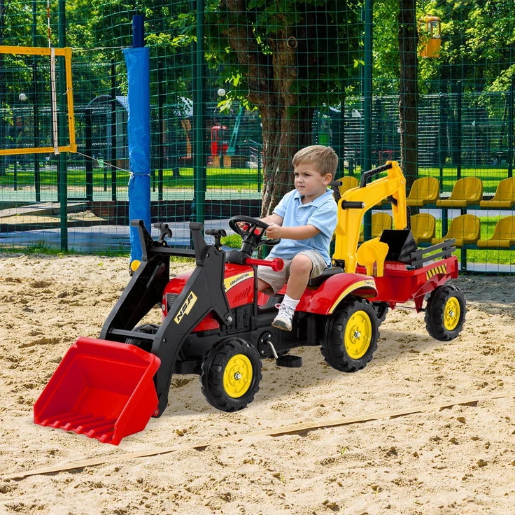 COSTWAY 3-in-1 Trettraktor, Kindertraktor mit abnehmbarem Anhänger und Grabschaufel, bis 35 kg belastbar, rot, für Kinder ab 3 Jahren