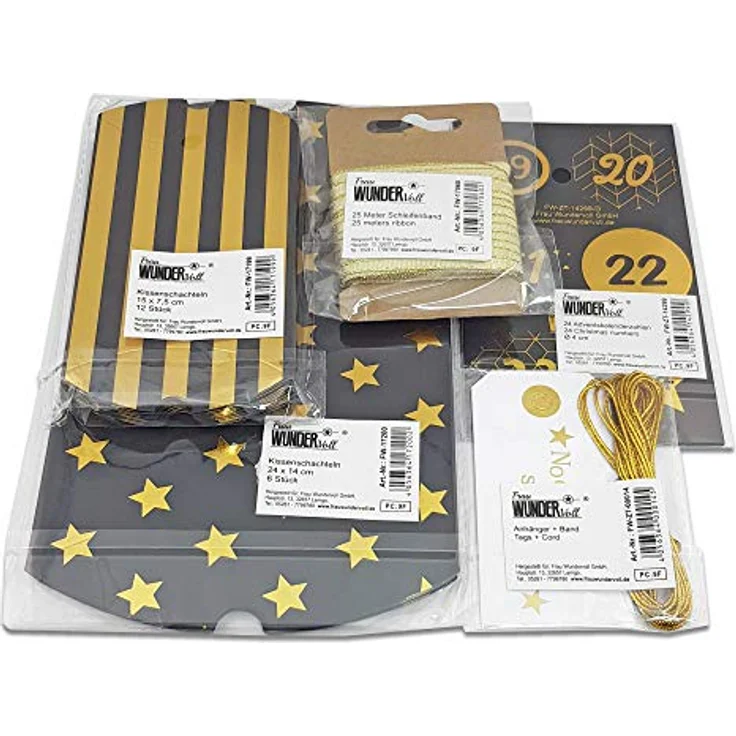 Frau WunderVoll® DIY Adventskalender zum Befüllen HoHoHo Metallic, matt schwarz, Gold/Weihnachtskalender Bastelset - Stabile Schachteln, 24 Adventskalenderzahlen, 4 Weihnachtsanhaenger, 18m Schleifenband – Bild 3
