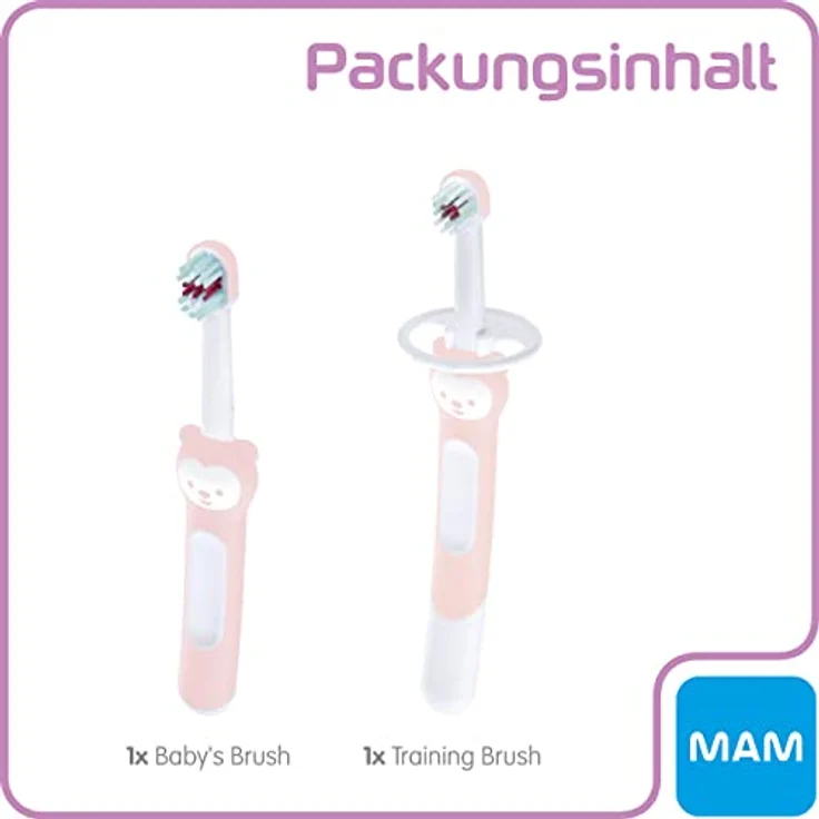 MAM Learn to Brush Set, Baby Zahnbürste mit langem Griff zum gemeinsamen Halten, Kinderzahnbürste trainiert das Zähneputzen, ab 5+ Monate, rosa – Bild 3