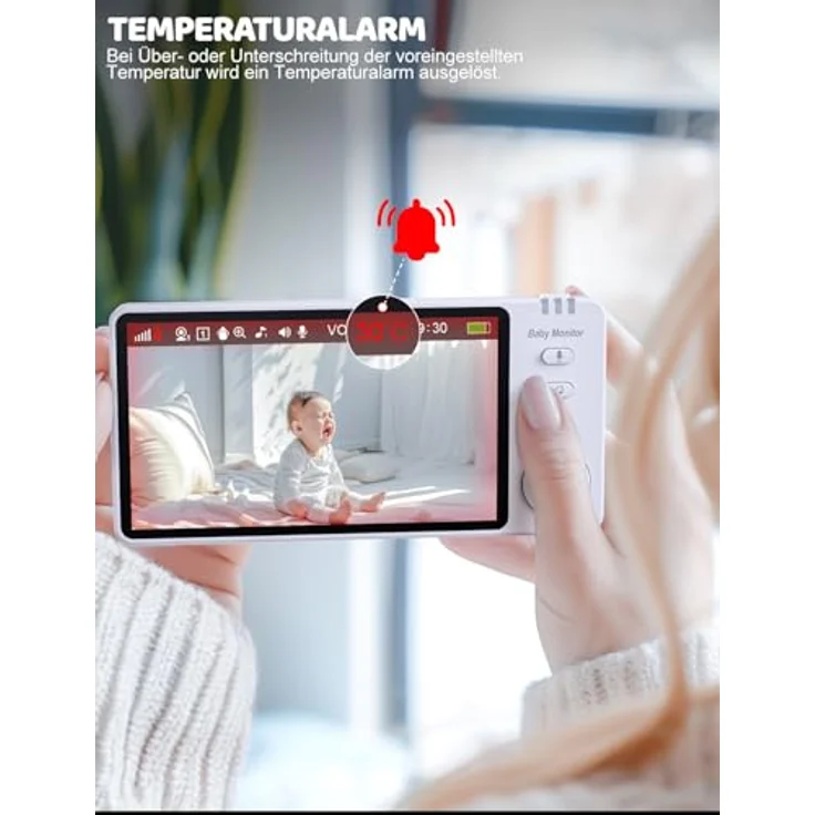 BURNNOVE Babyphone mit Kamera 5" IPS 720P, ohne WLAN, 355°/90° schwenkbar, Nachtsicht, Temperaturüberwachung, Zwei-Wege-Audio, VOX, 8 Schlaflieder, 5 Wecker – Bild 4