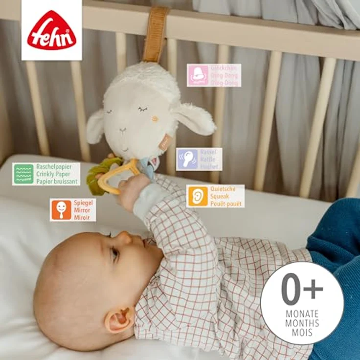 Fehn Greifspielzeug fehnNATUR, Activity-Schaf mit Geräuschen und Anhängern aus Bio-Baumwolle, zur Befestigung an Kinderwagen, Babyschale oder Bett – Bild 4