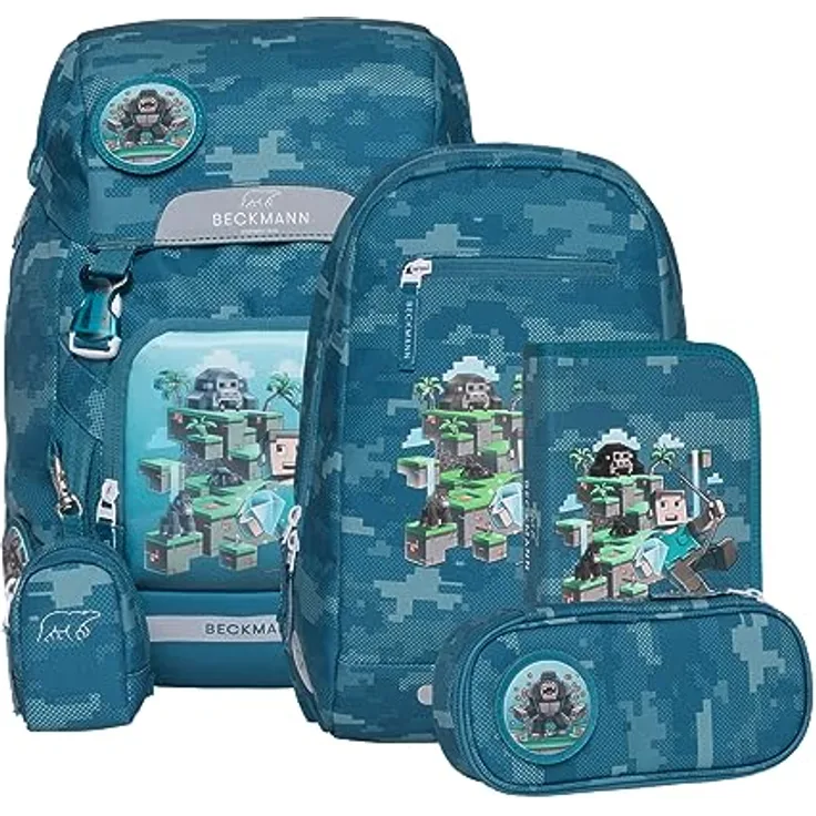 Beckmann Schulranzen Classic (6tlg., blau) mit Sportrucksack, Federmäppchen, Schlamperrolle, inkl. Buttons und wasserdichtem Innenfach