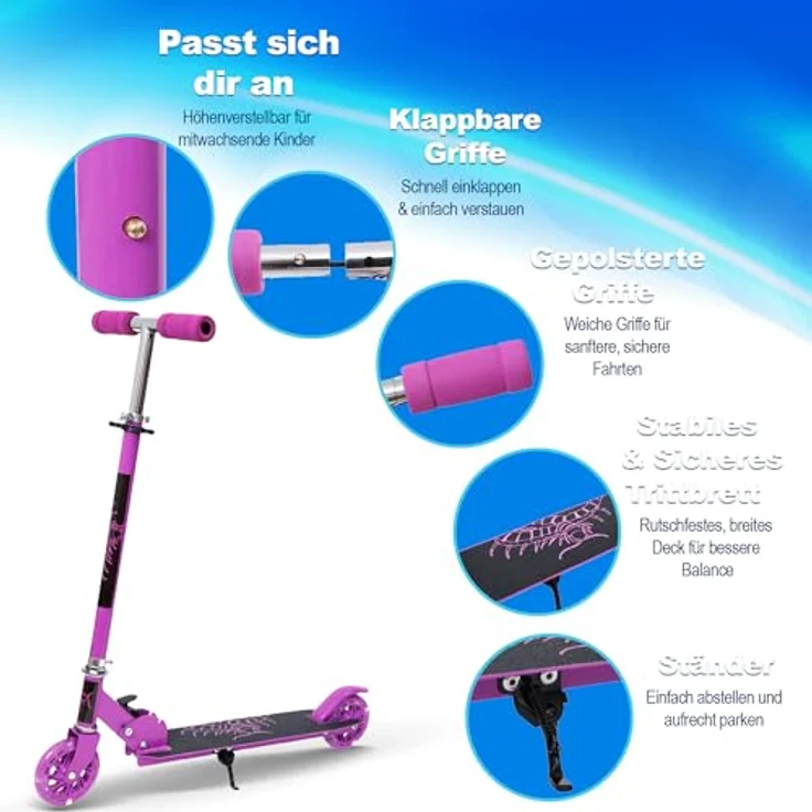 Habib Gruppe Kinderroller Tretroller & Scooter, klappbar, mit 4-fach höhenverstellbarem Lenker, LED-Rädern, für Kinder 3-10 Jahre, lila – Bild 2