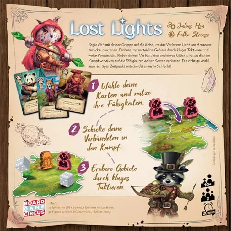 Board Game Circus Lost Lights, Familienspiel für 2 Spieler mit 27 individuell illustrierten Karten und strategischem Drafting-Mechanismus – Bild 6