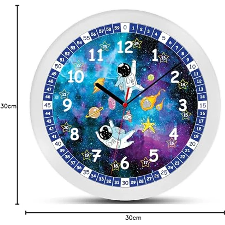 K&L Lautlose Kinder Wanduhr für Mädchen und Jungen langlebige Lernuhr 30cm groß Uhrzeit lesen Lernen Kinderuhr Lesehilfe (30 cm, Fliegende Astronauten) - Preisvergleich – Bild 6