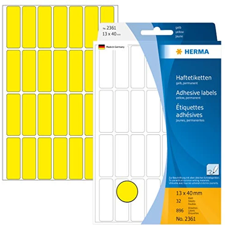 HERMA 2361 Vielzweck-Etiketten, selbstklebend, 896 Stück, 13 x 40 mm, gelb, matt, blanko, umweltschonend, für Beschriftungen im Haushalt, Schule und Büro – Bild 1