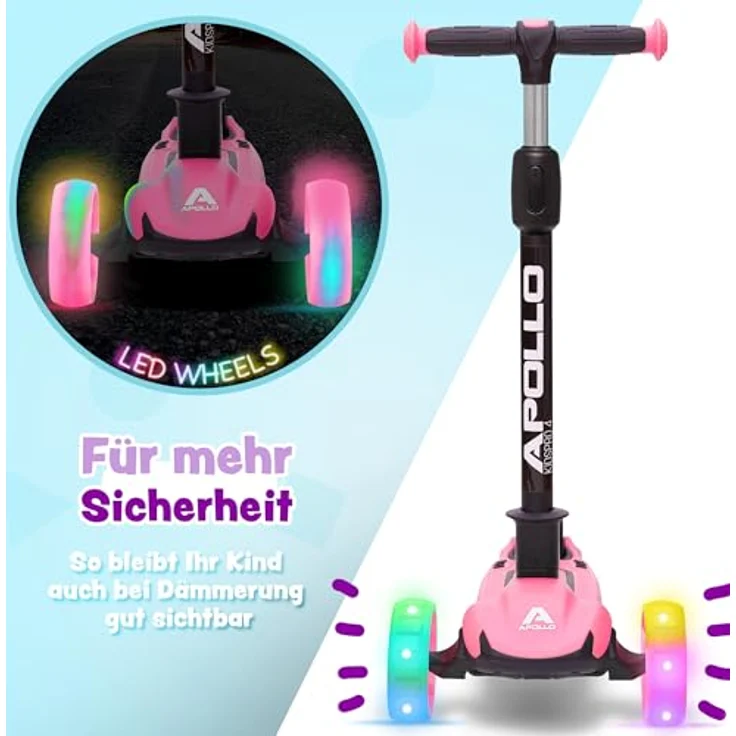 Apollo Kinderscooter KidsPro4 LED Roller - Pink, höhenverstellbar, mit leuchtenden LED-Rollen, für Kinder ab 3 Jahre, belastbar bis 60 kg – Bild 4