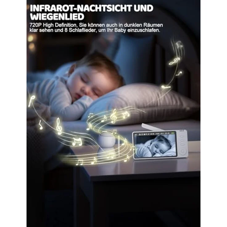BURNNOVE Babyphone mit Kamera 5" IPS 720P, ohne WLAN, 355°/90° schwenkbar, Nachtsicht, Temperaturüberwachung, Zwei-Wege-Audio, VOX, 8 Schlaflieder, 5 Wecker – Bild 3