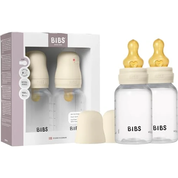 BIBS Babyflasche 150 ml, 2er-Pack mit Naturkautschuk-Saugern, Anti-Kolik, BPA-frei, langsamer Fluss, leicht zu reinigen, für Neugeborene ab 0 Jahren - Ivory – Bild 1