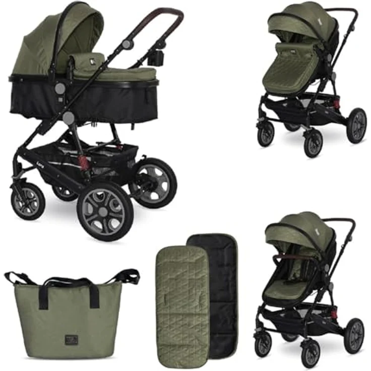 Lorelli Kinderwagen Lora faltbar Gummiräder Tragetasche Sportsitz Fußabdeckung, grün – Bild 2