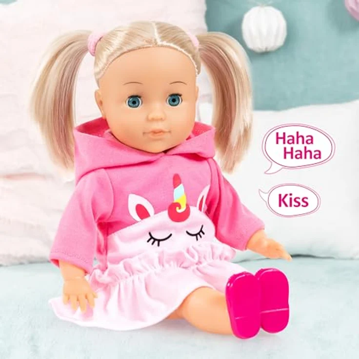 Bayer Design Charlene 33cm Little Love Puppe Haarpuppe Kleid Einhorn rosa, Anziehpuppe mit Küsschen-Geräusch – Bild 2