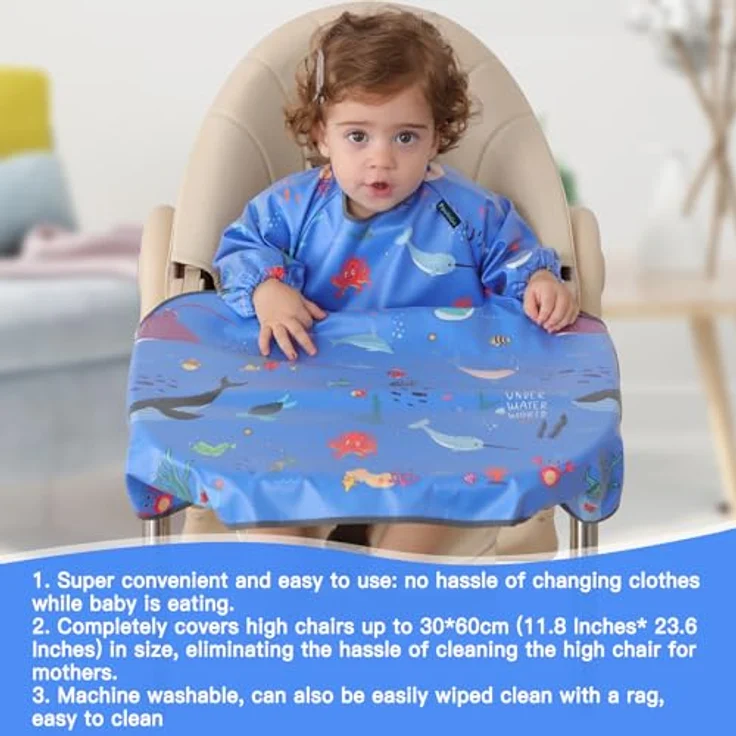 PewinGo Baby Lätzchen mit Ärmeln, wasserdicht und maschinenwaschbar, für Babys von 6 bis 30 Monaten, Blau – Bild 2