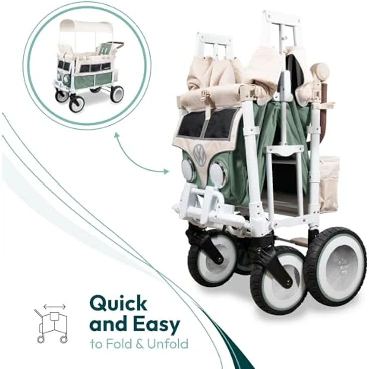 WONDERFOLD Volkswagen Kinderwagen Wagon (2 Sitzer) - zusammenklappbarer Kinderwagen mit klassischer VW-Stoßstange, Retro-VW-Rädern in XL und veganem Lederlenker – Bild 5