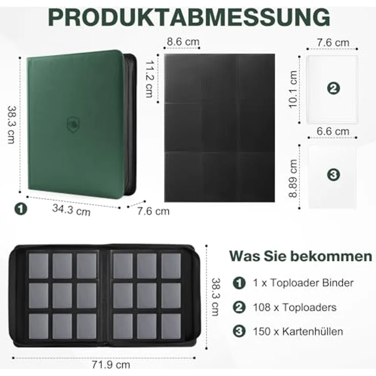 khlerox Toploader Sammelkarten Album für 360 Karten, inklusive 108 Toploader und 150 Kartenhüllen, wasserabweisend mit Reißverschluss – Bild 2
