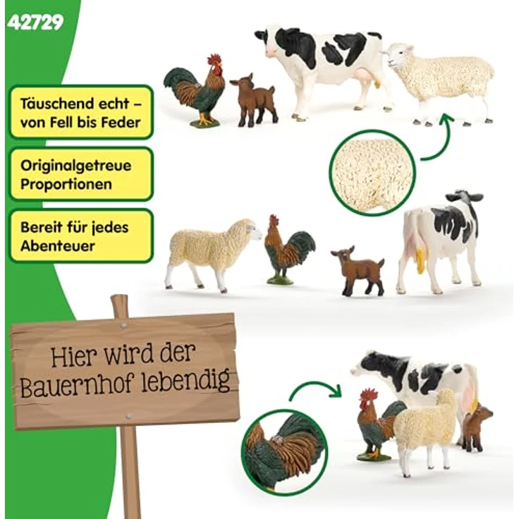 Schleich Farm World Starter-Set Bauernhof, enthaltene Tiere: Holstein Kuh, Hahn, Schaf und Zicklein, naturgetreu gestaltet – Bild 3