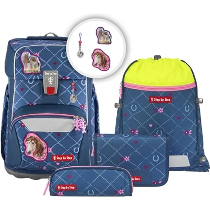 Step by Step Giant Schulranzen-Set „Horse Lima“ blau, 5-teilig, ergonomischer Tornister mit Reflektoren, höhenverstellbar, 23 Liter – Bild 1