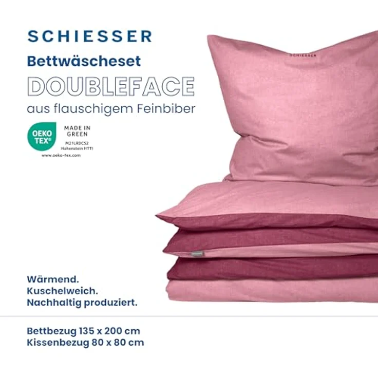 Schiesser Feinbiber Wendebettwäsche Doubleface, 100% Baumwolle, Farbe:Altrosa und Rosenholz, Größe:135 cm x 200 cm – Bild 2