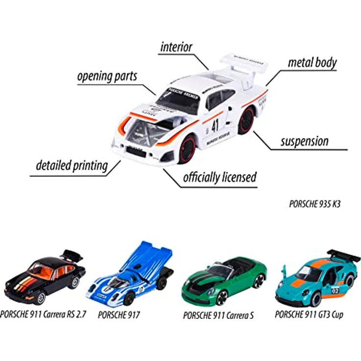 Majorette - Porsche Geschenk-Set (5er-Set Spielzeugautos) - 5 Modellautos (je 7,5, cm) inkl. 2 exklusiver Automodelle, für Kinder ab 3 Jahre, Blau,grün,schwarz,weiß – Bild 3