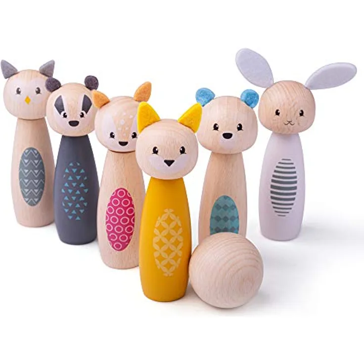 Bigjigs Toys 100% FSC® Certified Animal Skittles, Wurfspiel aus FSC-zertifizierten Materialien, geeignet für Kinder ab 2 Jahren, leuchtende Farben, 0,4 kg