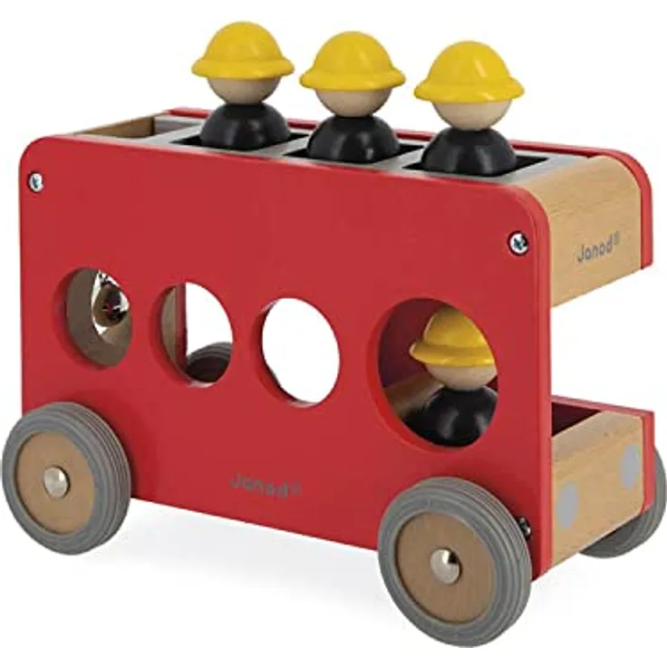 Janod J04632 Solid Wood Feuerwehrauto mit 4 Feuerwehrleuten, abnehmbarer Leiter, FSC-zertifiziert, rot, für Kinder ab 2 Jahren