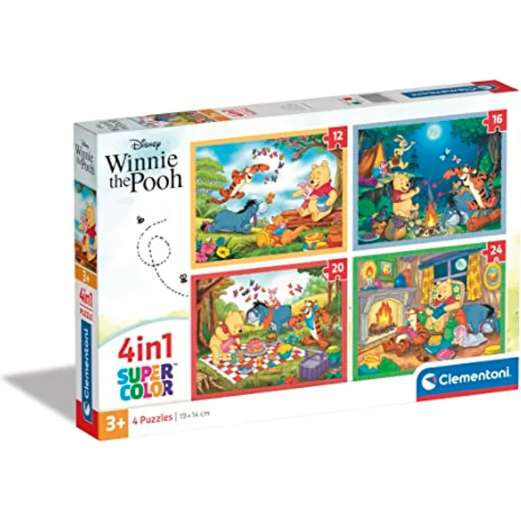 Clementoni 21514 Supercolor Puzzle 4 In 1 - Disney Winnie The Pooh - Buntes Kinderpuzzle mit besonderer Leuchtkraft, 12,16,20,24 Teile Ab 3 Jahren
