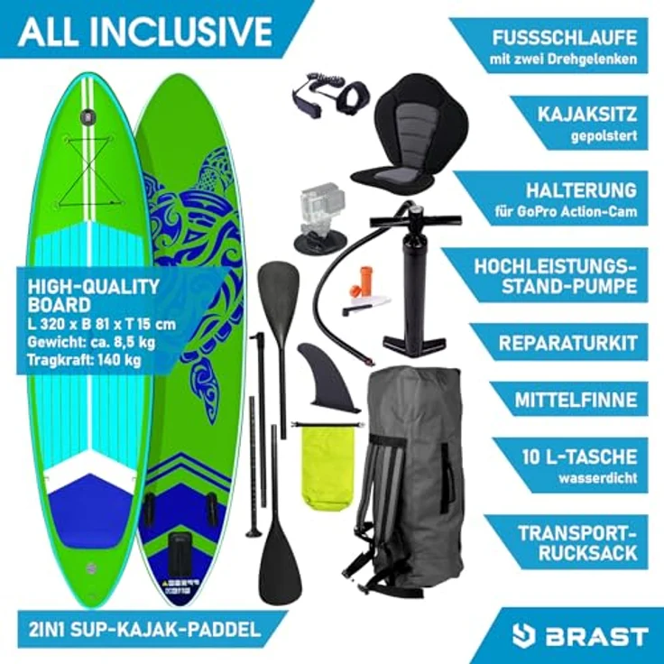 BRAST SUP Board SUPER Set Aufblasbares Stand up Paddle mit extra Zubehör 320x81x15cm Grün incl. Kajaksitz Kamerahalterung Paddel Fußschleife Rucksack Pumpe - Preisvergleich – Bild 9