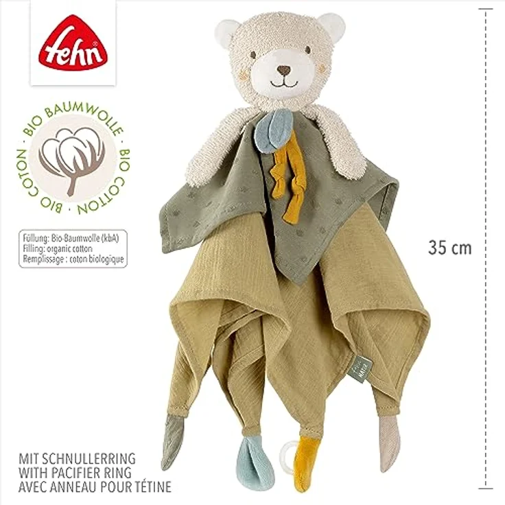 Fehn Schmusetuch Bär fehnNATUR – Spielkamerad & Stofftier-Schnuffeltuch mit Baumwolle aus kontrolliert biologischem Anbau (KBA) mit Schnuller-Befestigung – für Babys & Kleinkinder ab 0+ Monaten – Bild 5