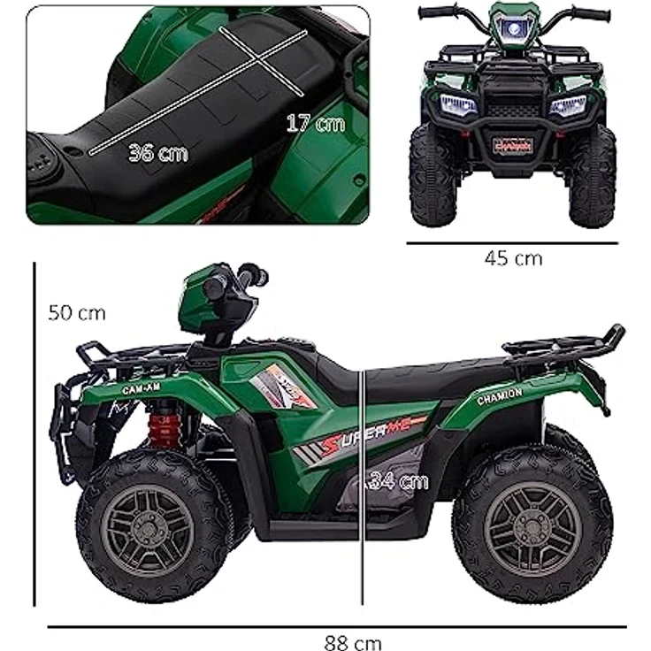 HOMCOM Elektro-Kinderquad für Kinder ab 3 Jahren, Belastbarkeit 25 kg, Schwarz+Grün, LED-Scheinwerfer, MP3-Anschluss, 2 Geschwindigkeitseinstellungen – Bild 5