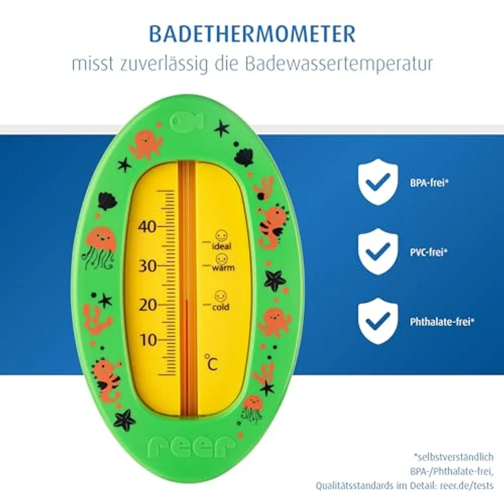 Reer Baby-Badethermometer oval, kindersicheres Bade-Thermometer mit übersichtlicher Skala, quecksilberfrei, hoher Messbereich bis 50 °C, grün – Bild 3