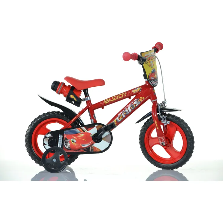 Dino Kinderfahrrad Cars Buddy 12 Zoll, 1 Gang, mit Stützrädern, Trinkflasche und Frontschild, rot