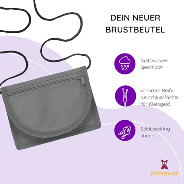 minimutz Kinder Geldbeutel, Geldbörse zum Umhängen mit Sichtfenster für Busausweis, Brustbeutel für Schulanfang, grau – Bild 2