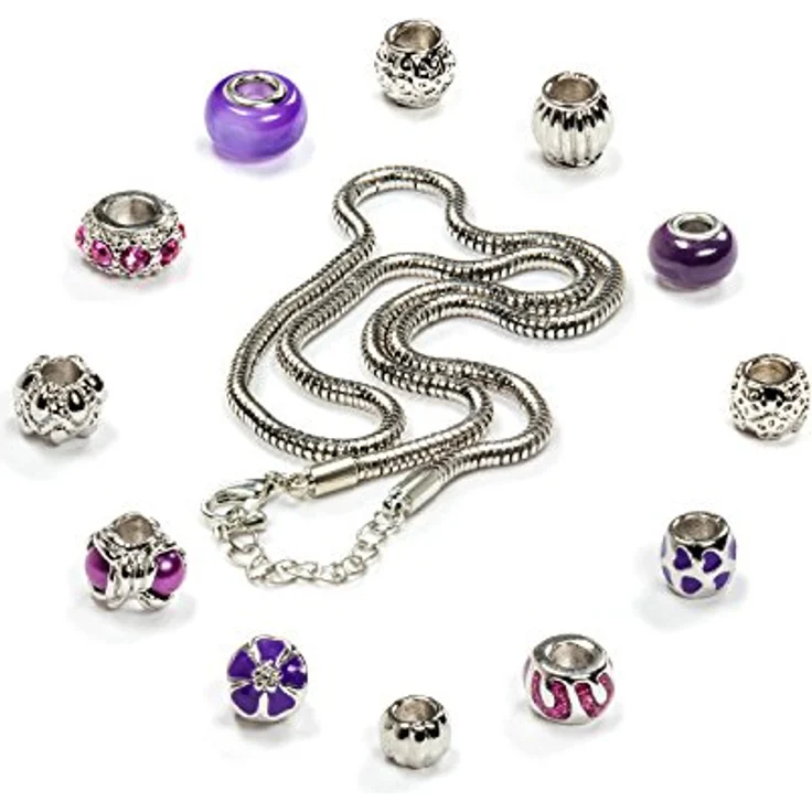 VALIOSA Merry Christmas Mode-Schmuck Adventskalender mit Halskette, Armband + 22 individuelle Perlen-Anhänger aus Glas & Metall, lila – Bild 5