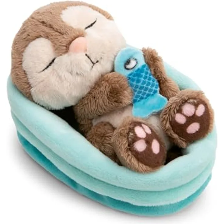 NICI Kuscheltier Otter mit Fisch 12cm schlafend im Körbchen - grau - Stofftier aus weichem Plüsch, niedliches Plüschtier zum Kuscheln und Spielen - für Kinder & Erwachsene