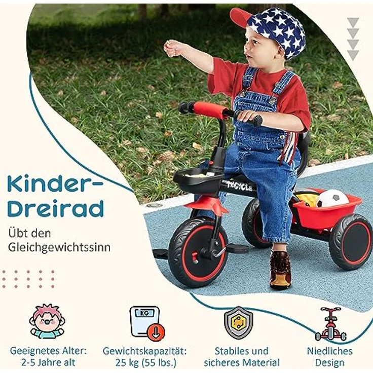 AIYAPLAY Kinderdreirad mit Beckengurt und Fahrradkorb, für Kinder 2-5 Jahre, Rot – Bild 3