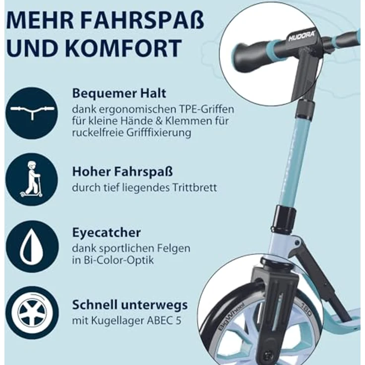 HUDORA BigWheel® 180 Advanced Junior, Höhenjustierbarer Kinder Roller in sky blue mit Reflektoren, für Kinder ab 3 Jahre, bis 60 kg – Bild 3