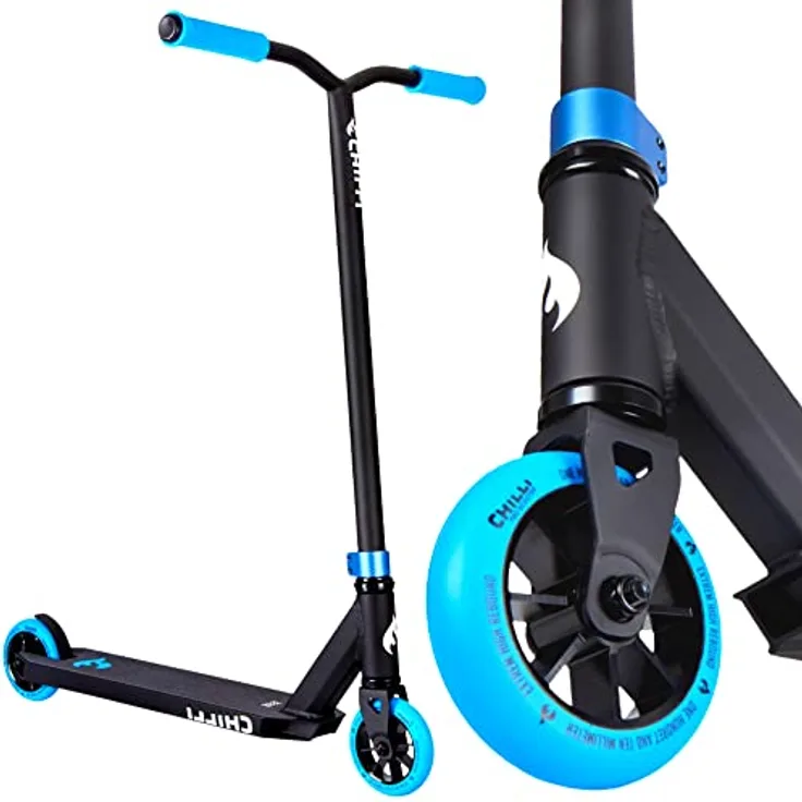 F26 Chilli Pro Base Stunt-Scooter Park-Trick-Tret-Roller + Fantic26 Griptape, Aluminium 6061/Chromoly-Stahl, HIC Kompressionssystem, Schwarz/Blau