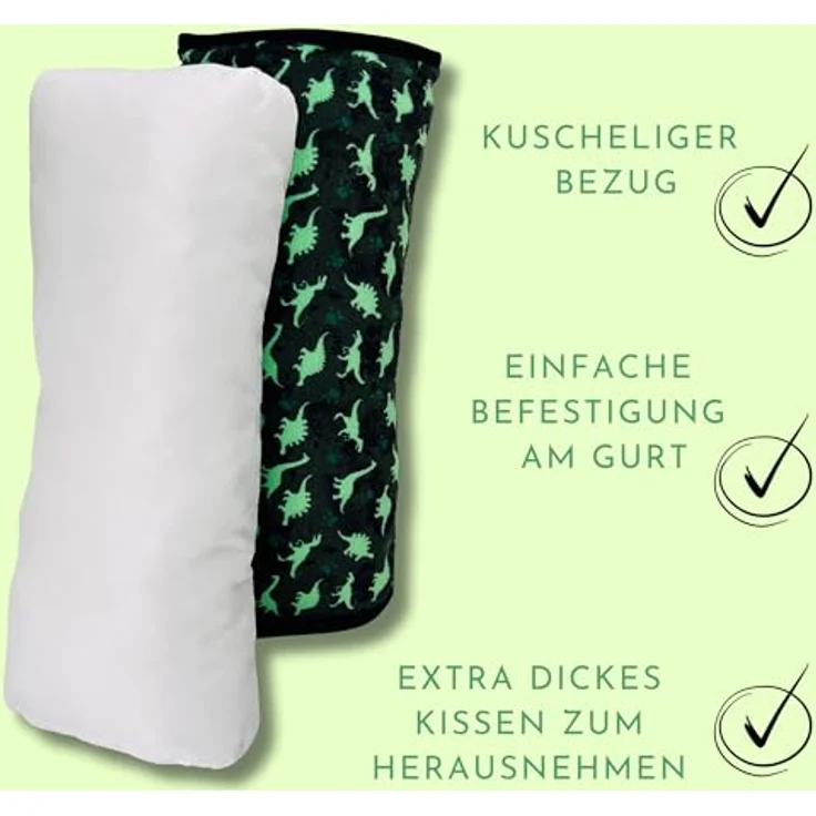 HECKBO Auto Schlafkissen Dinosaurier Dino für Kinder, maschinenwaschbar, kuschelweich, Gurtkissen und Reisekissen für mehr Komfort im Auto und unterwegs – Bild 4