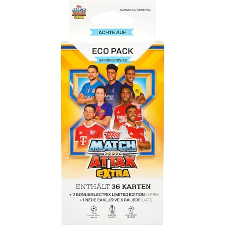 Topps Match Attax Champions League 2025/26 EXTRA Trading Cards, ECO Pack mit 39 Karten, inklusive 2 ELECTRIX LIMITED EDITION Karten und 1 exklusive X-CALIBRE Karte