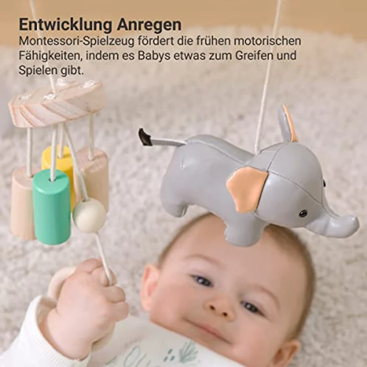 Little Big Friends Jungle Spielbogen aus Holz mit 3 hängenden Spielzeugen für Babys, Montessori-Spielzeug, 2 Designs - Farm & Dschungel – Bild 5