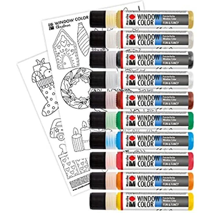 Marabu Window Color Christmas Set, 10 Fenstermal-Farben á 25 ml mit 20 Mal-Motiven, wasserbasierte Farben für Glas, Spiegel, Fliesen, bunte Farben inklusive Glitter-Silber und Gold – Bild 3