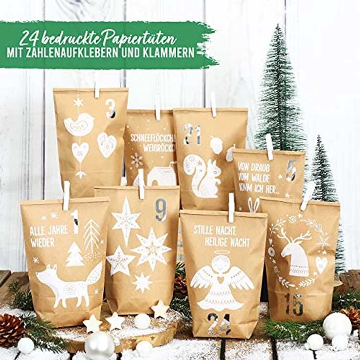 PAPIERDRACHEN Extravaganter Adventskalender zum Befüllen - mit 24 braunen Geschenktüten und 24 Zahlenaufklebern - Motiv Waldtiere weiß - zum Basteln und Verschenken - Weihnachten & Advent – Bild 2