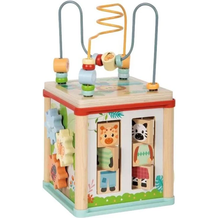 Small Foot - Wooden Motor Skills Cube - Jungle Friends, Spielwürfel mit 5 Aktivitäten zur Förderung der Motorik, ab 12 Monaten