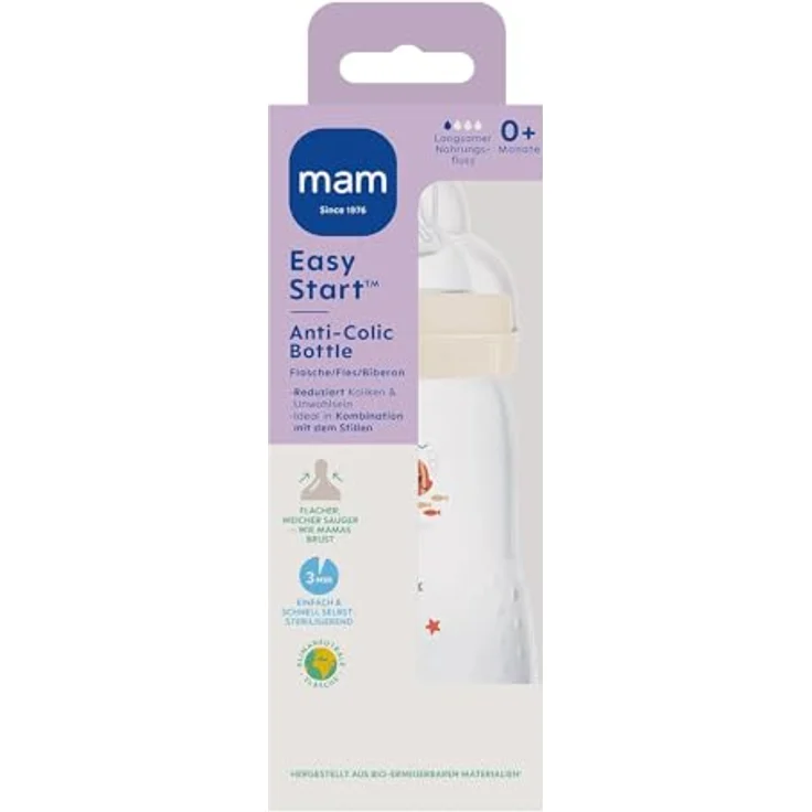 MAM Easy Start Anti-Colic Babyflasche (260 ml), Baby Trinkflasche mit Bodenventil gegen Koliken, Sauger Größe 1, Fisch/beige/zartrosa – Bild 2