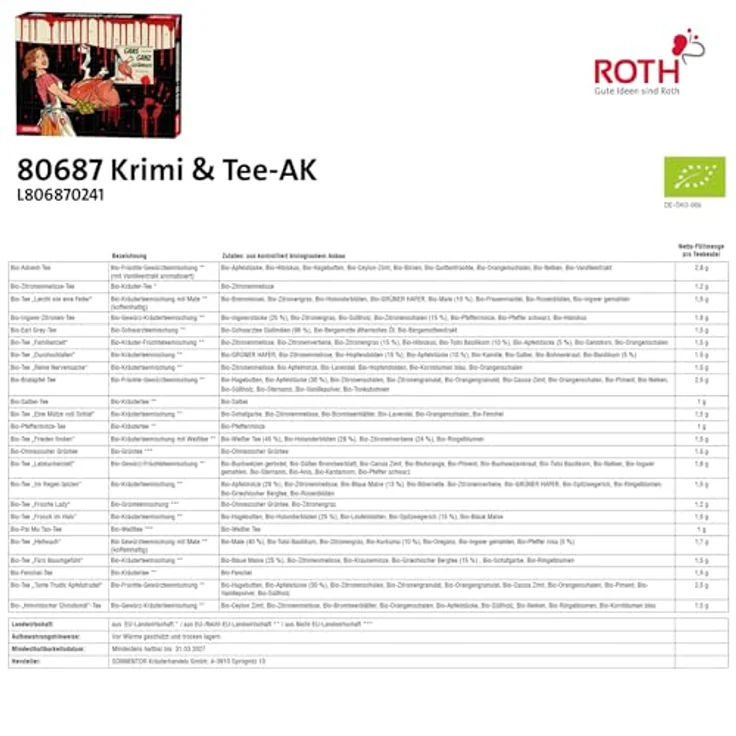 Roth Krimi & Bio-Tee Adventskalender - 24 Sorten Tee, inkl. Krimi, handgefertigt, 450x40x340mm – Bild 7