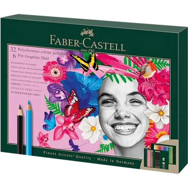 Faber-Castell 210053 Polychromos Malstifte, 32er-Buntstifte-Set mit 3,8-mm-Minen, inklusive 6 Pitt Graphite Mat Bleistifte, Radiergummi und Anspitzer