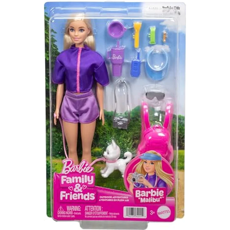 Barbie Anziehpuppe Malibu Outdoor Adventure, mit Hündchen und 10+ Zubehörteilen, violett – Bild 6