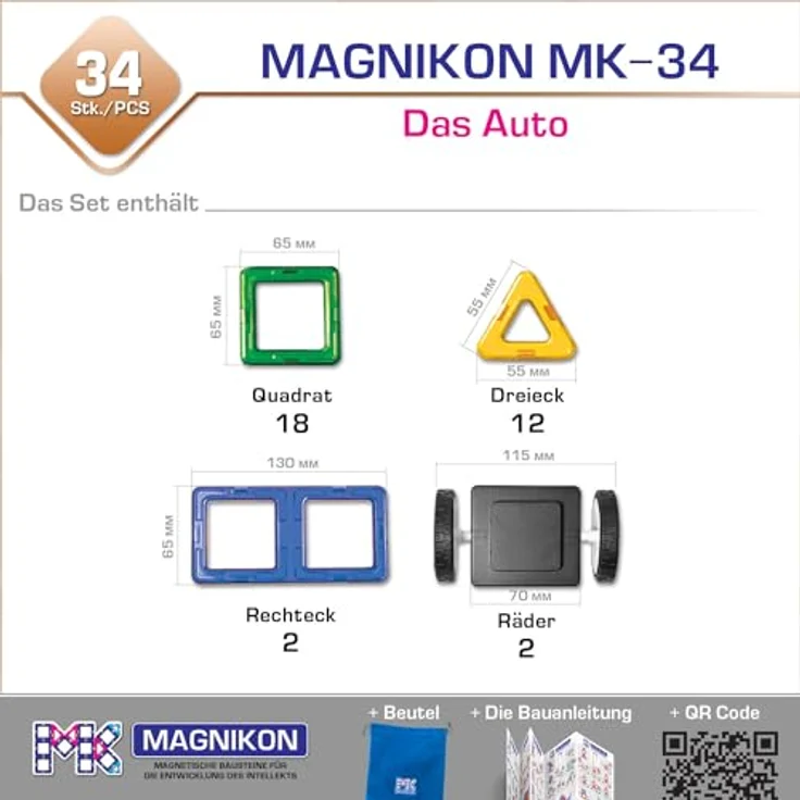 MK MAGNIKON Magnet Bausteine MK-34, Magnetische Bauklötze Set mit 34 Teilen und Rädern, innovatives Konstruktionsspielzeug für Kinder ab 3 Jahren – Bild 5